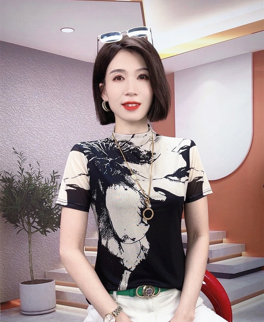 立领冰丝网纱印花短袖T恤女夏季2024季女士体恤小衫修身显瘦上衣