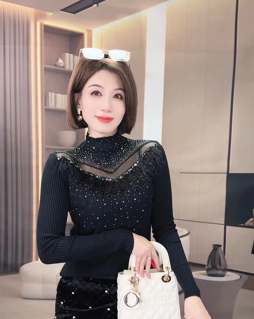 欧洲站重工毛衣女修身网纱拼接花朵上衣2024秋冬季洋气长袖针织衫