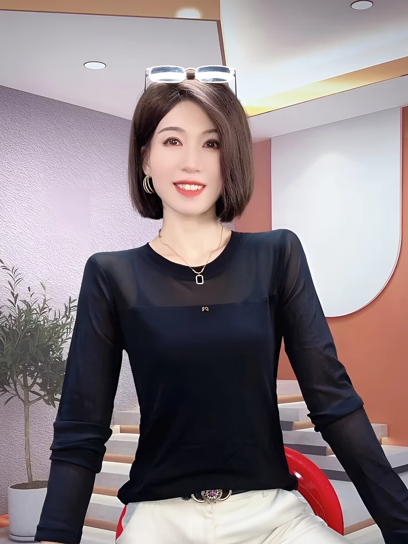 欧洲站2025春秋冬圆领网纱长袖修身显瘦打底衫微胖上档次纯色上衣