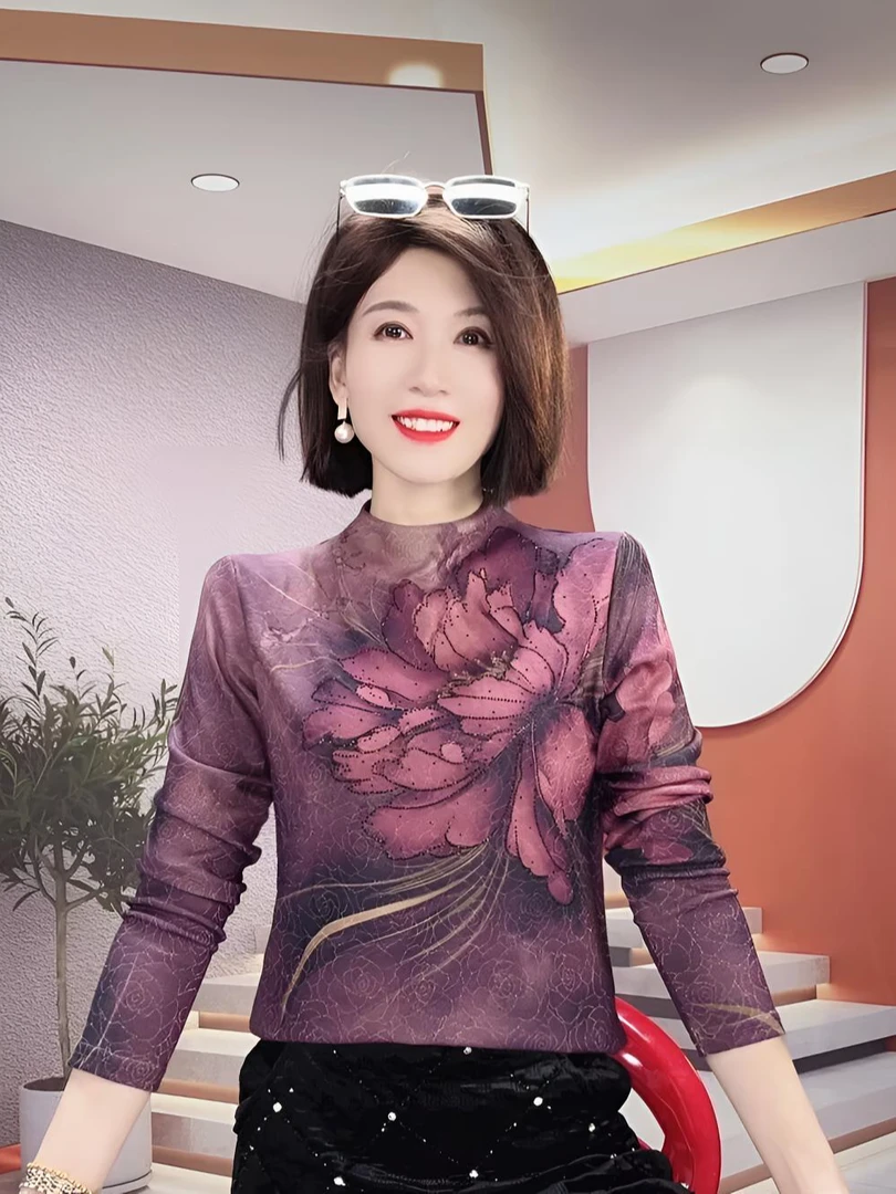 时尚妈妈装半高领洋气长袖T恤宽松弹力印花打底衫烫钻中老年上衣
