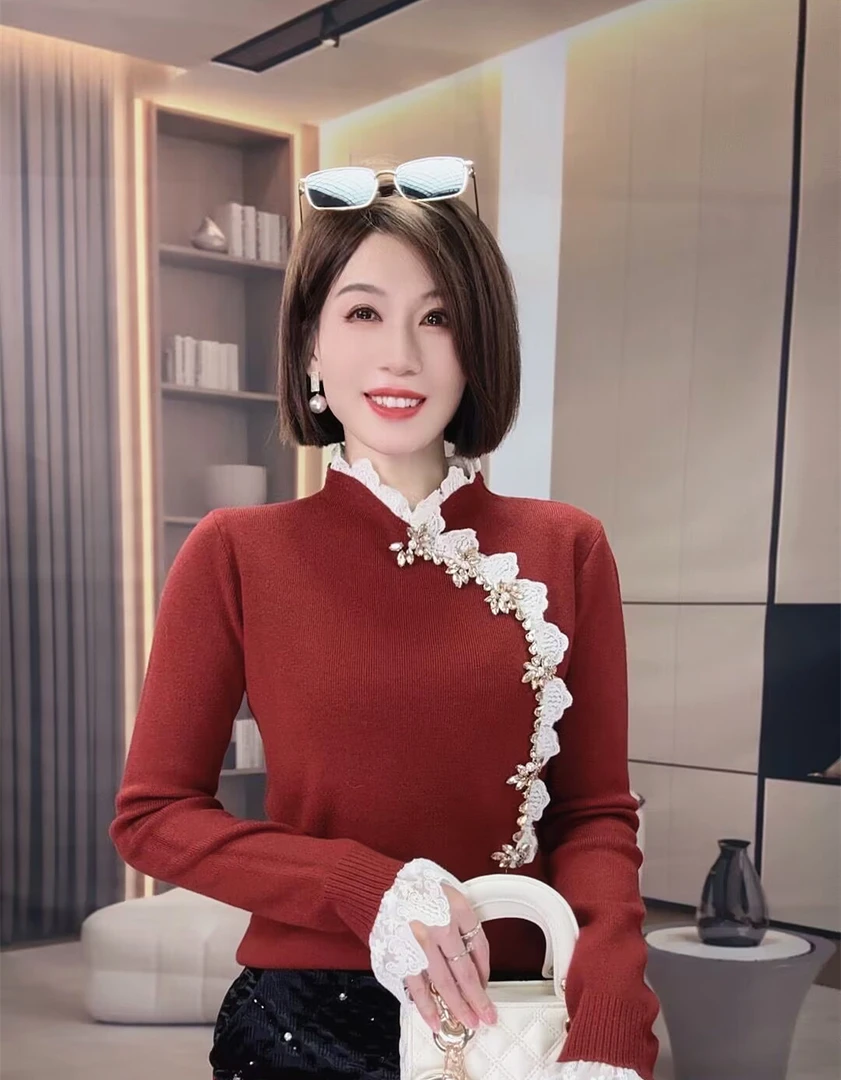 针织衫女秋冬新款韩版甜美重工镶钻蕾丝花边拼接修身显瘦百搭毛衣