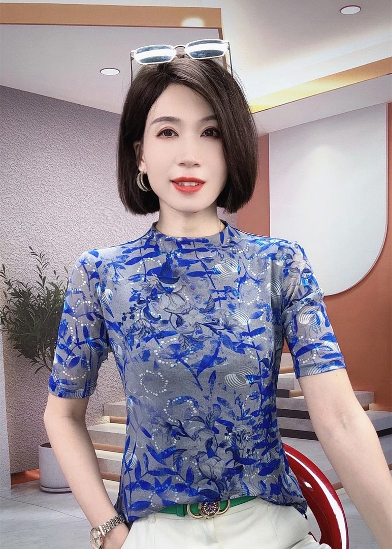 高贵上档次t恤女大码网纱打底衫中老年女装2025新款短袖夏上衣潮