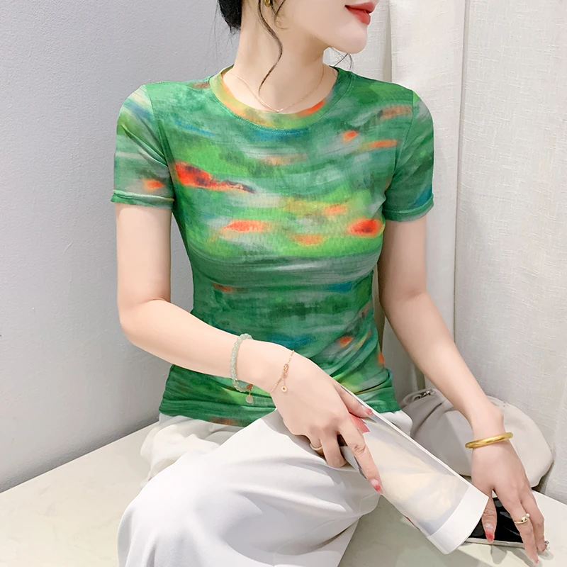 2025夏季时尚纱网印花花短袖圆领修身显瘦洋气上衣碎花气质百搭