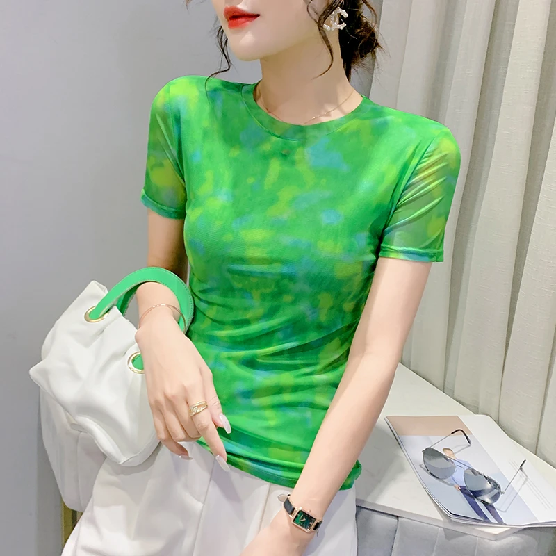 高贵显气质网纱T恤女2025夏季圆领修身短袖小衫上衣绿色半袖薄款