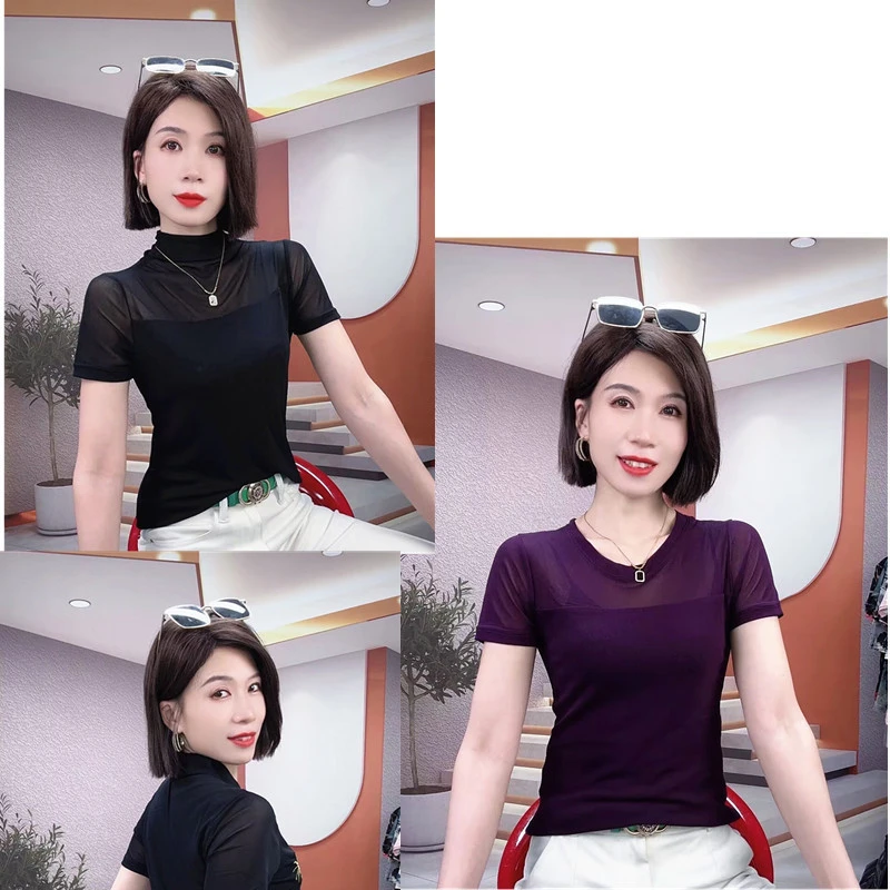 气质短袖T恤女时髦洋气修身显瘦纯色潮t简约打底衫上衣时尚黑色