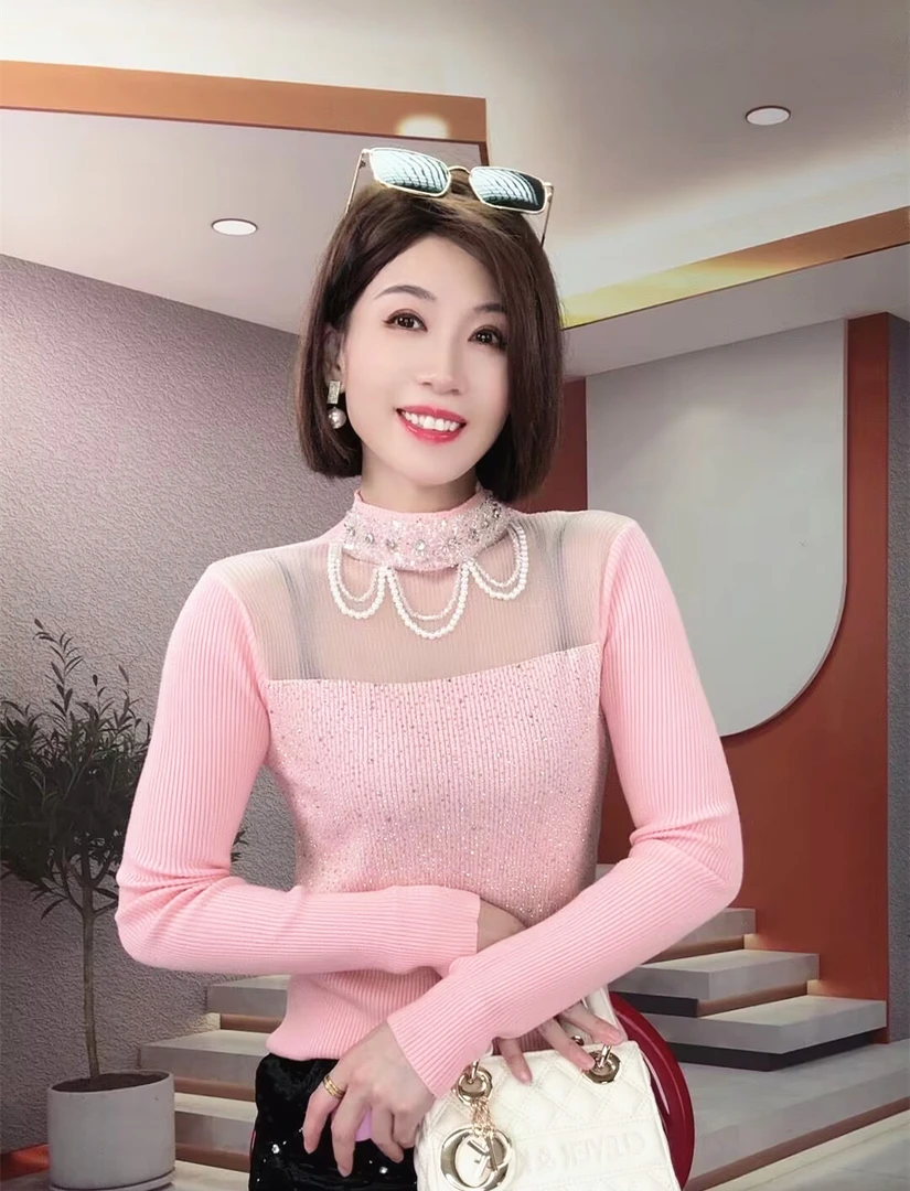重工钉珠镂空毛衣女弹力修身上衣2024秋冬季百搭半高领加厚针织衫
