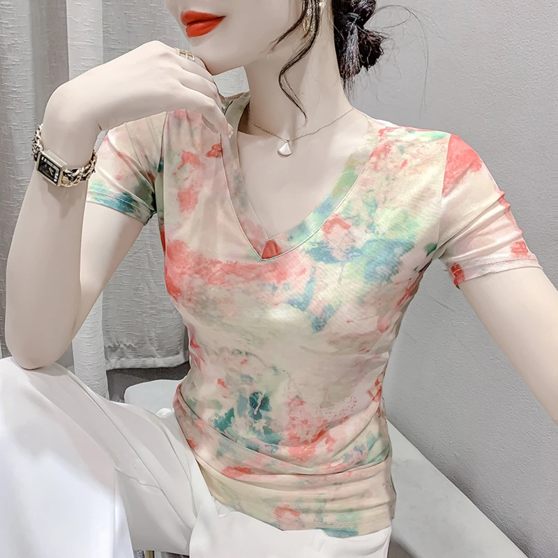 欧货夏季时尚纱网印花短袖V领T恤修身显瘦洋气上衣打底衫透气弹力
