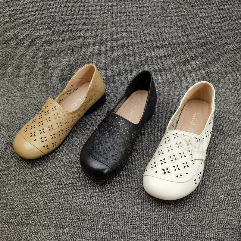 工厂撤柜24夏季真皮女鞋休闲舒适透气洞洞鞋平跟软皮软底单鞋妈妈