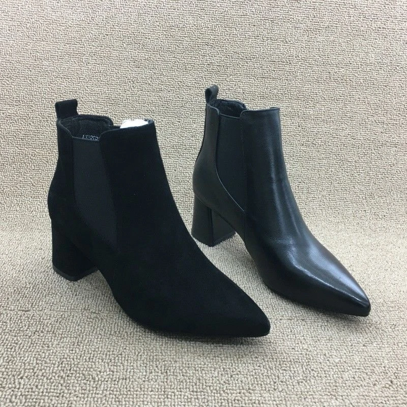 品牌撤柜2023秋新款真皮女靴尖头显瘦粗跟气质裸靴牛皮时尚及踝靴