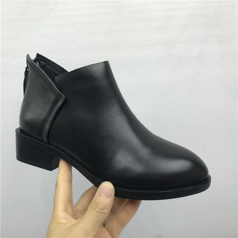 品牌撤柜处理真皮女靴秋冬新款牛皮圆头中粗跟后拉链时尚女短靴
