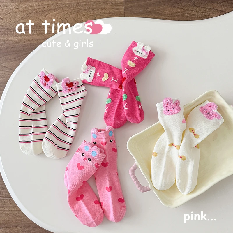 女童袜子春秋款宝宝可爱卡通中筒袜儿童秋冬季兔子立体耳朵棉袜