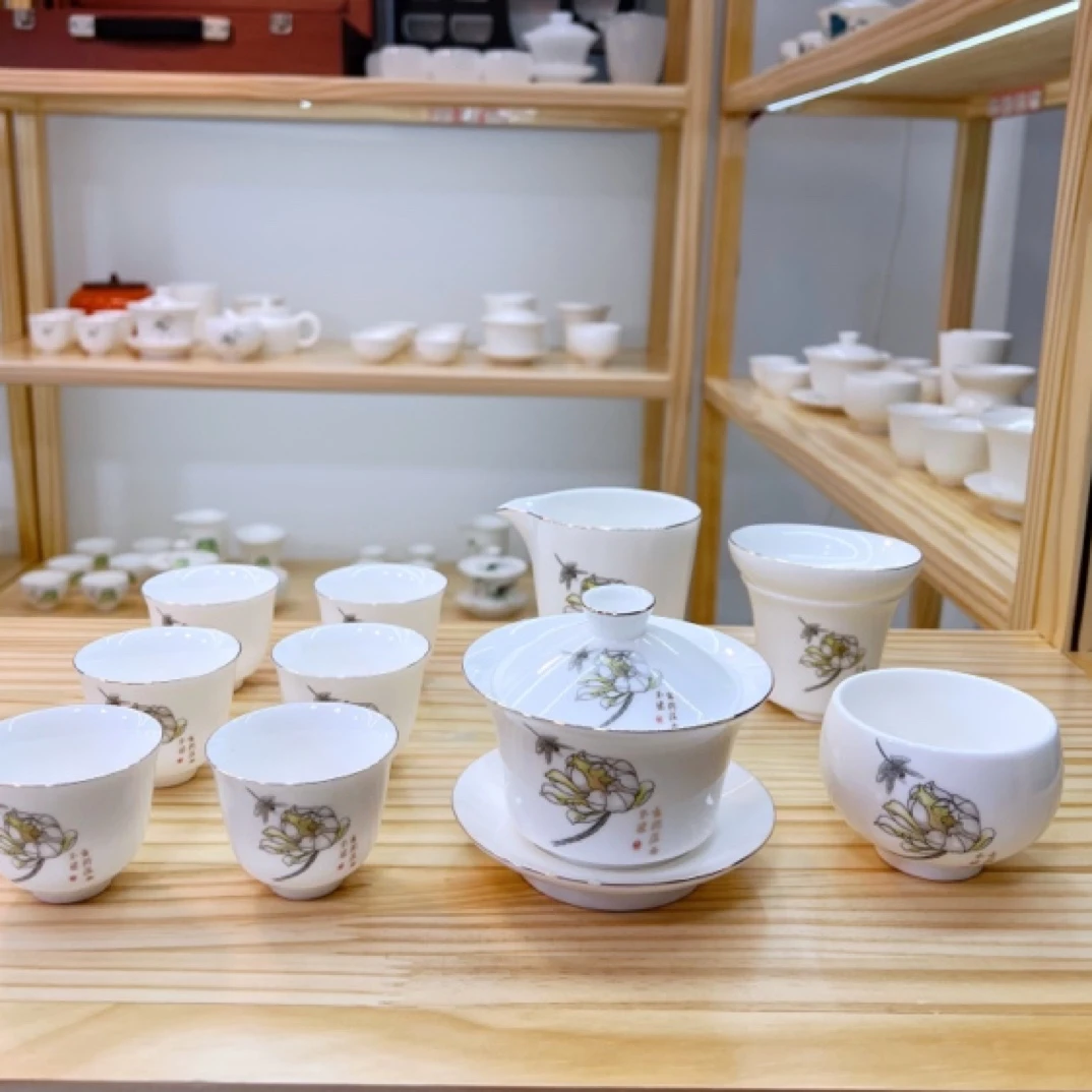 羊脂玉瓷蜻蜓莲蓬茶具套组11件套
