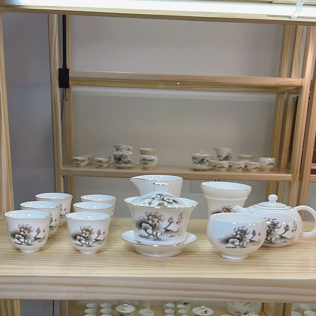 中国白羊脂玉瓷金莲和气生财茶具套组12头