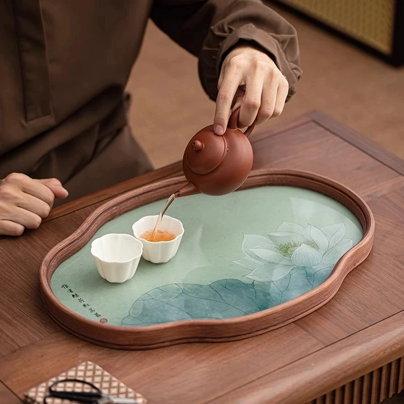 玻璃茶盘2024新款客厅家用高档托盘复古竹制干泡台茶海水果点心盘