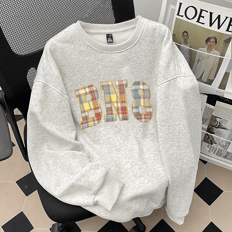 时尚美式高街加绒加厚情侣装圆领卫衣秋冬季字母格子宽松男女上衣