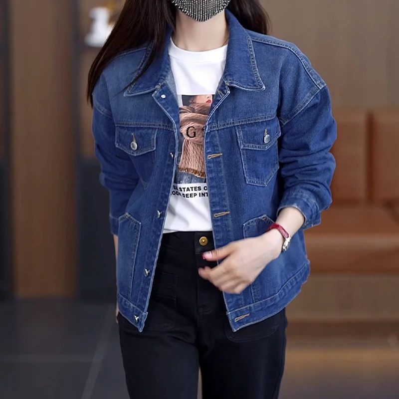 深色牛仔外套女短款春秋新款韩版宽松休闲百搭小个子女款夹克上衣