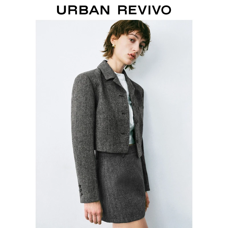 UR秋冬新款女装格雷系高智感包扣短款西装外套UYU140037