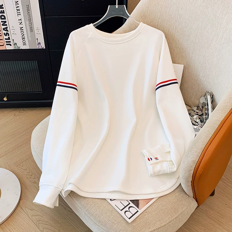 秋冬加绒加厚白色长袖T恤大码女装胖mm宽松遮肚子保暖打底衫上衣