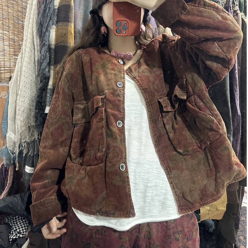 妞妞 新款高品质做旧灯芯绒圆领长袖大口袋棉衣