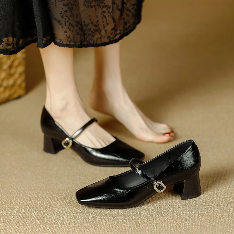 中跟玛丽珍鞋海妖风黑色方头单鞋日系气质高跟浅口