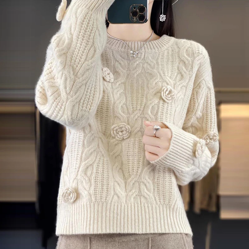 圆领重工钩花羊毛衫女纯色针织套头毛衣秋冬新款百搭羊毛打底衫女