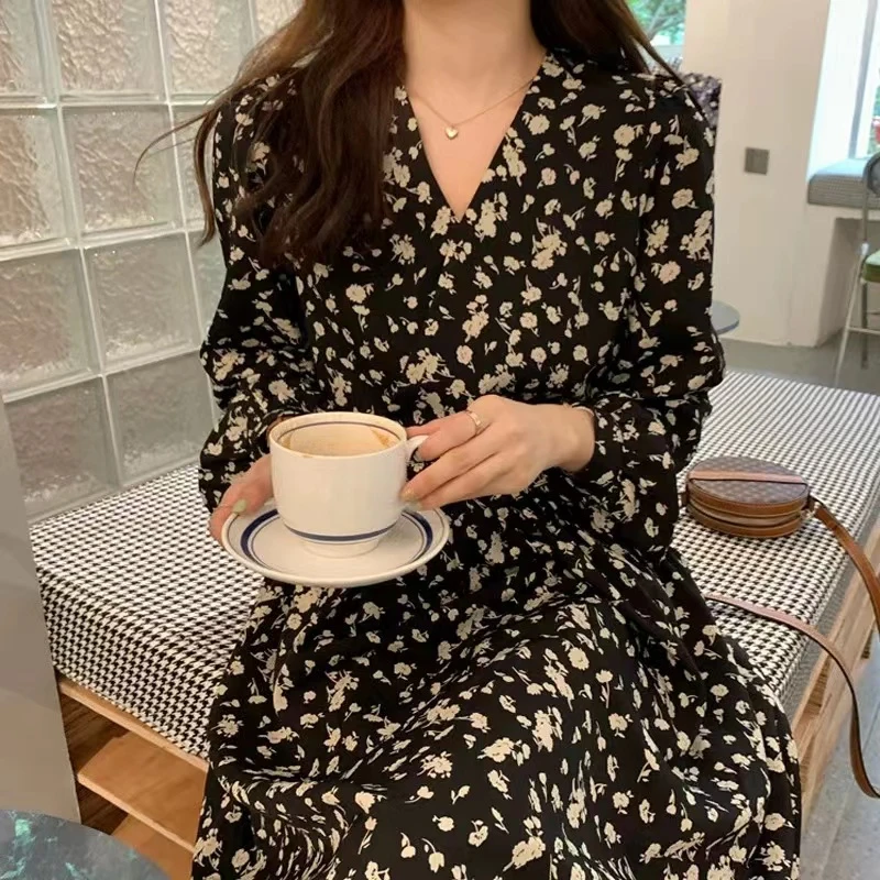 韩版大码女装抽绳高腰收腰显瘦高级碎花裙中长款长袖连衣裙1389