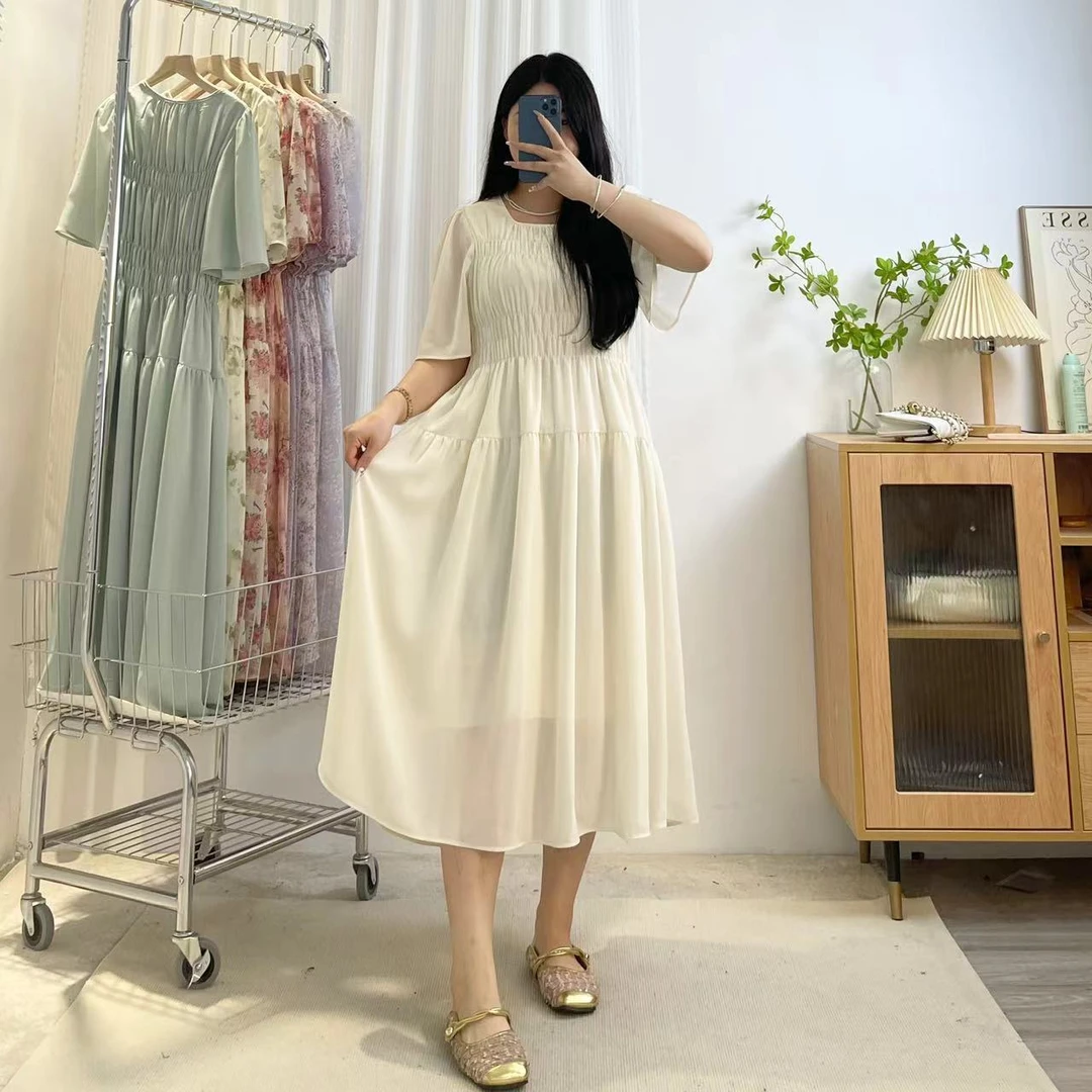 2025皱皱纱裙【白月光】清纯简约纯色韩国皱大码胖mm遮肉显瘦连衣裙