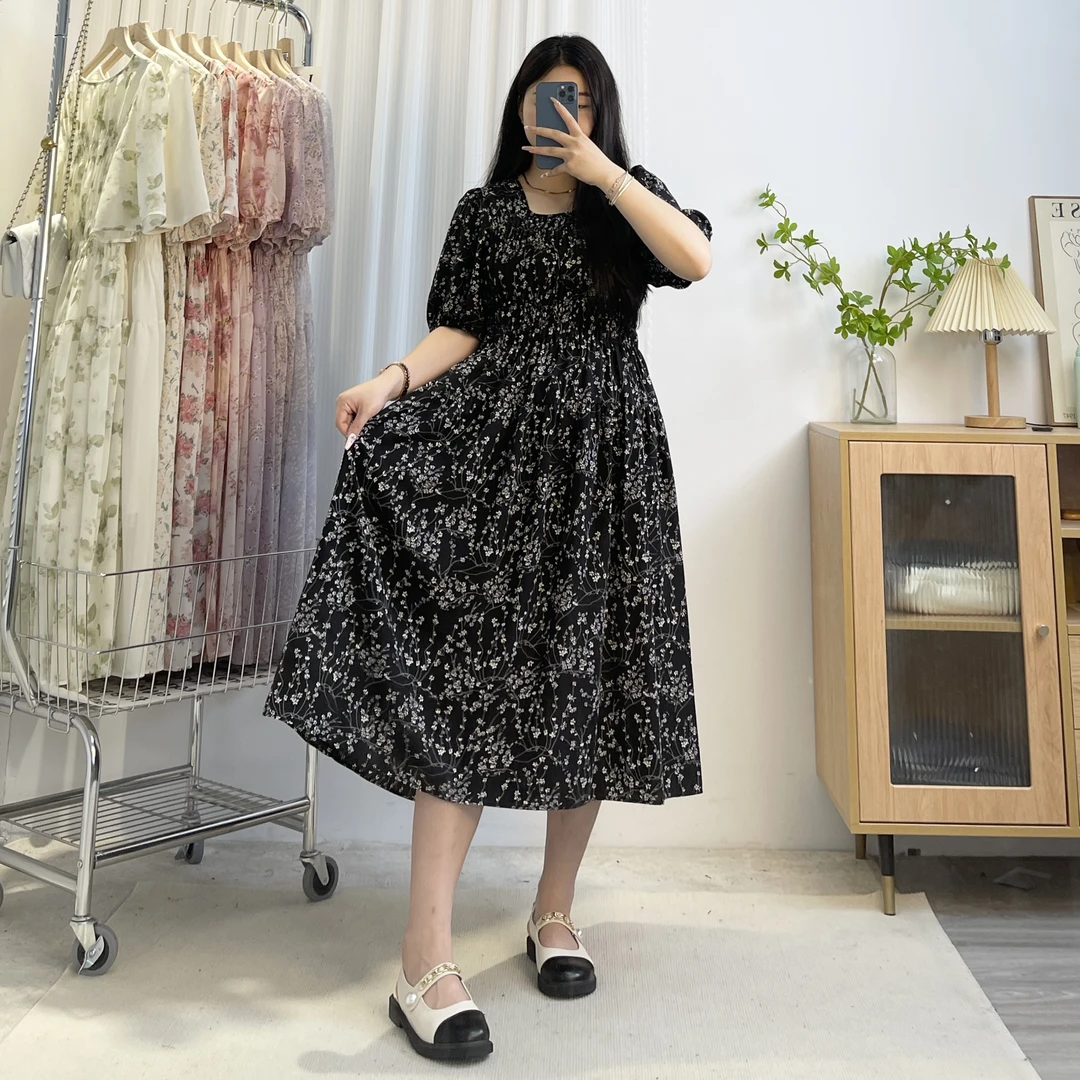 夏季短袖【枝条小碎花】韩系简约气质胖mm高腰显高显瘦洋气碎花长裙