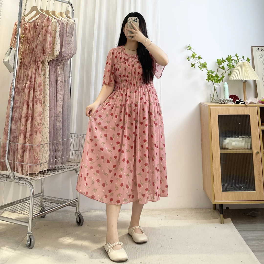 韩系碎花裙【粉红玫瑰】轻薄柔软显白大码胖mm高腰遮肉显瘦连衣裙