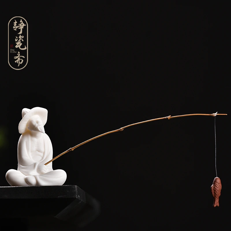 静瓷斋姜太公钓鱼渔翁人物陶瓷摆件鱼缸盆景装饰茶室书房茶台摆设