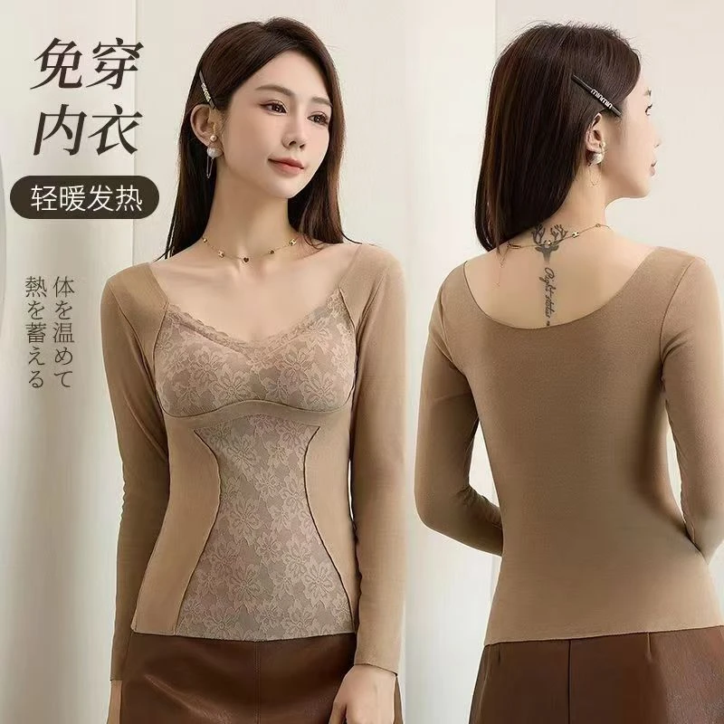 【到手1件】女士德绒双面磨毛保暖长袖带胸垫免穿内衣背心上衣