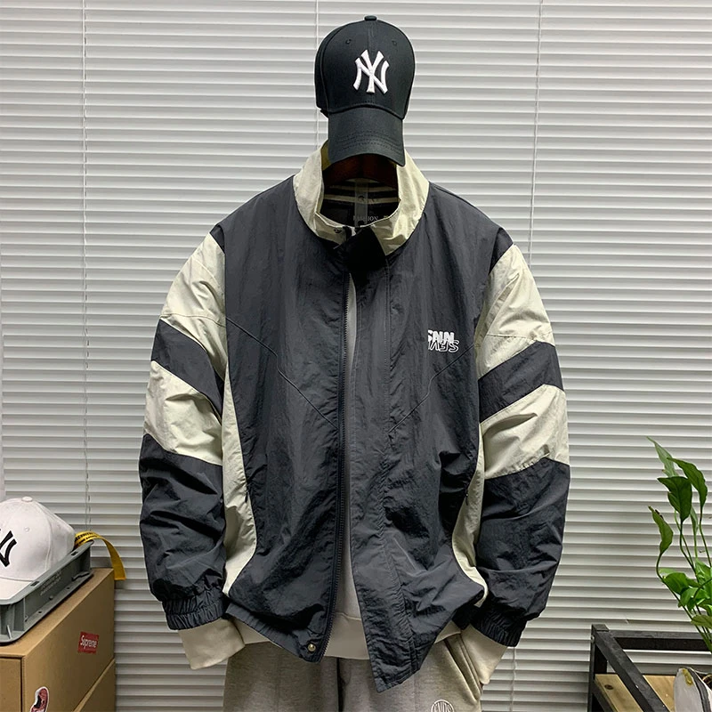 立领潮牌拼接撞色夹克男士春秋新款休闲宽松运动户外防风机能外套