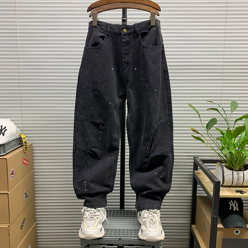 牛仔裤男士高街做旧水洗刷漆帆布春秋新款直筒宽松阔腿百搭休闲裤