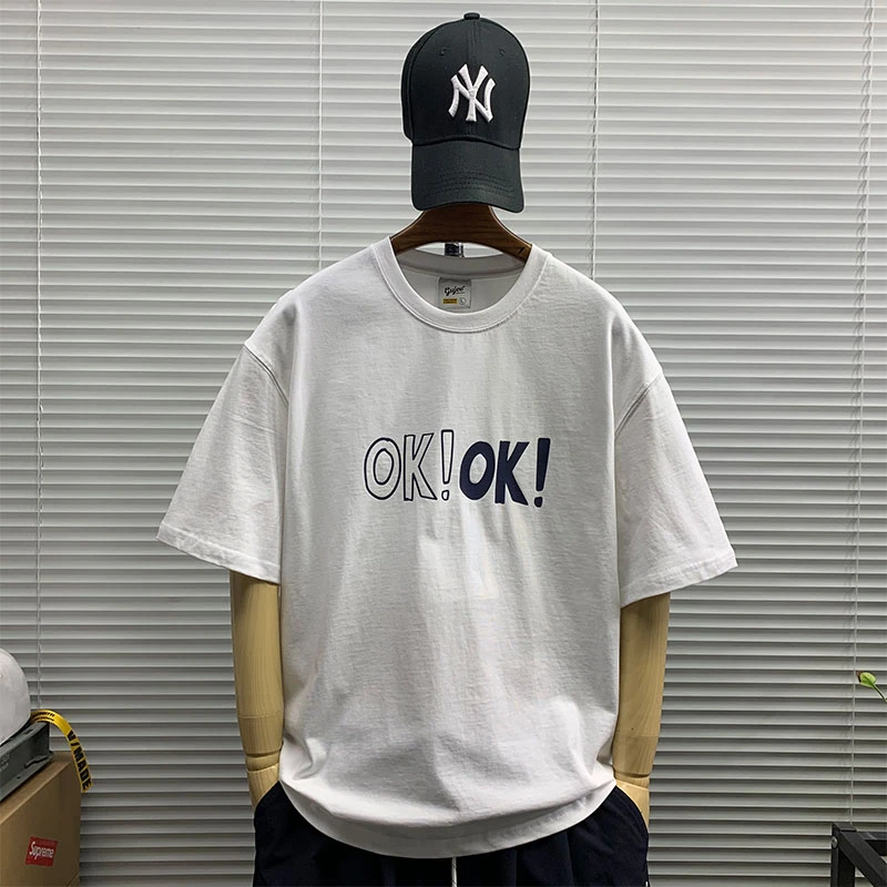 短袖t恤男士夏季薄款重磅印花圆领半袖休闲宽松潮牌百搭五分体恤T