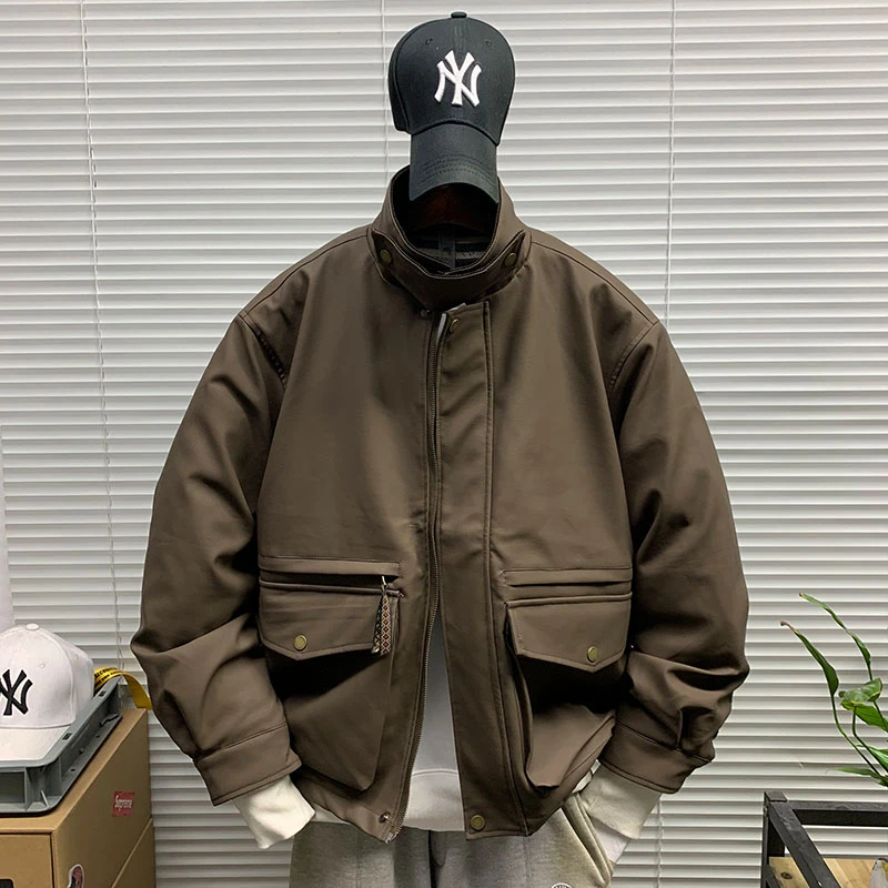 美式潮牌大口袋工装PU皮棉衣外套男加厚保暖休闲宽松立领棉服夹克