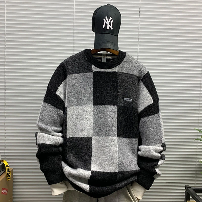 圆领套头撞色棋盘格毛衣外套男秋冬新款针织衫休闲慵懒内搭毛线衣