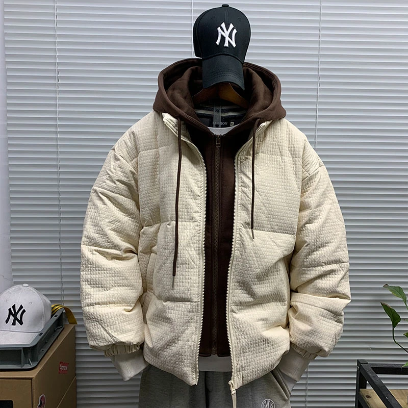 冬季假两件连帽白鸭绒羽绒服外套男士休闲宽松潮牌加厚保暖面包服