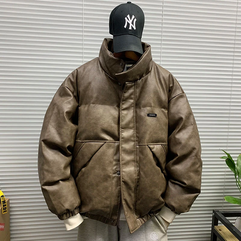 美式潮牌立领PU皮棉衣外套男士冬季休闲宽松百搭防风加厚保暖棉袄