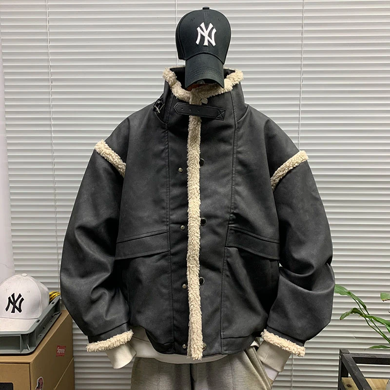 美式复古潮牌立领皮毛一体羊羔绒棉衣外套男冬季新款加厚保暖棉袄