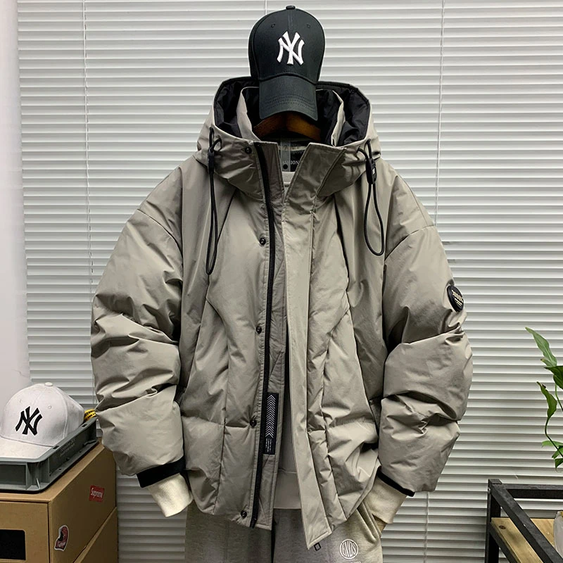 工装潮牌白鸭绒连帽羽绒服外套男冬季休闲宽松加绒保暖高街面包服