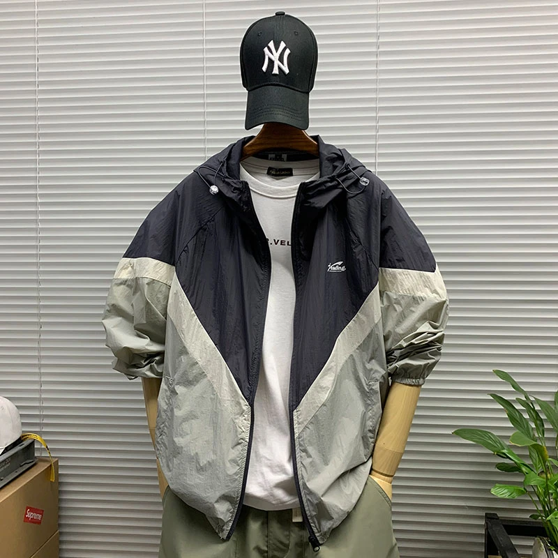 夏季撞色防晒衣外套男薄款律动莫兰迪宽松潮牌运动户外连帽防晒服