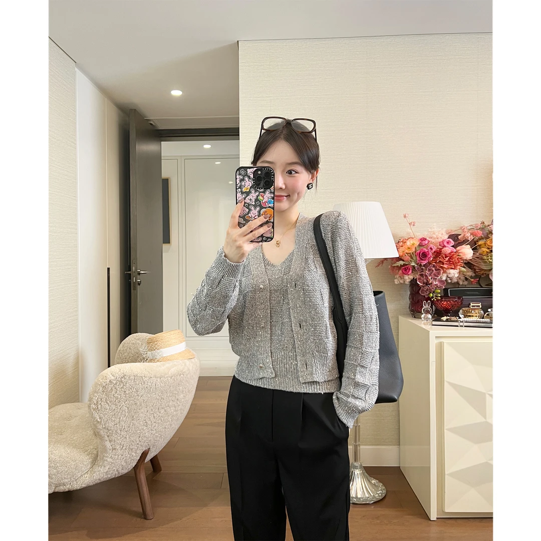 SUNDAYMERRY 限量意大利高奢珠片纱 格纹编织开衫 背心套装