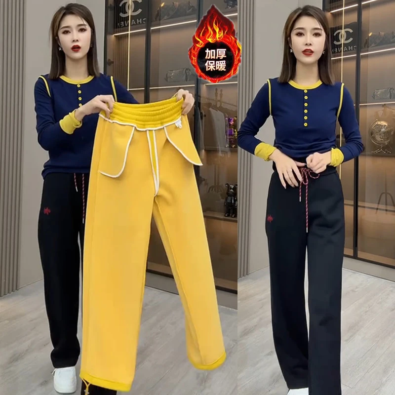 韩版松紧高腰刺绣加绒女款休闲裤冬季新款宽松显瘦简约运动卫裤潮