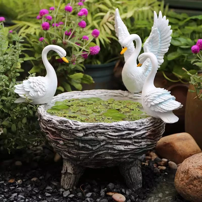 庭院花园布置仿真白天鹅水培花盆莲花铜钱草绿植盆栽户外造景摆件