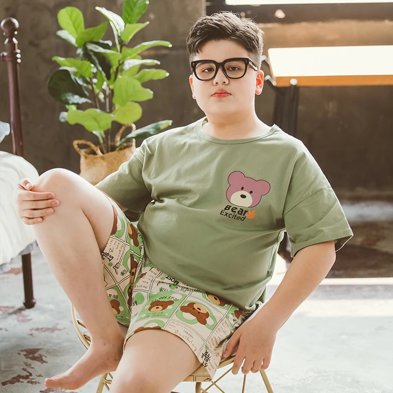 胖童套装夏季薄款睡衣睡裤中大童胖儿童家居服夏装短袖T恤短裤棉