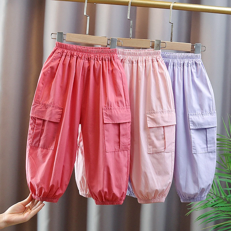 女童工装裤夏季小童休闲运动裤新款女宝宝防蚊裤外穿长裤儿童裤