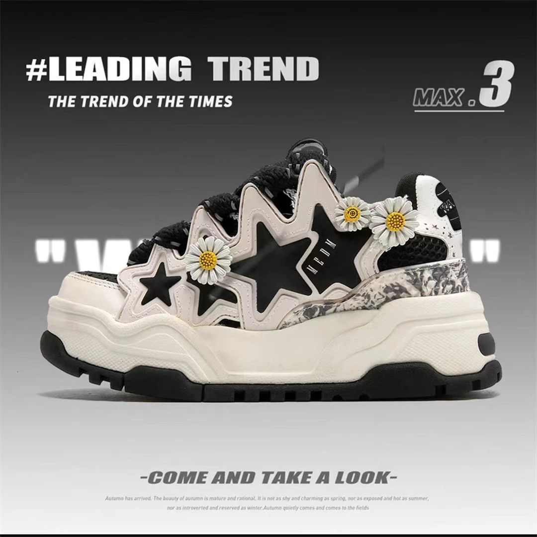 爆款小雏菊厚底增高国潮设计星星奶油面包鞋厚底情侣款时尚休闲鞋