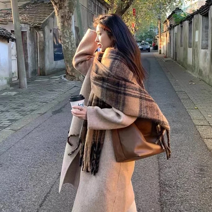 秋冬马海毛围巾复古百搭保暖双面氛围感长款格子围脖围巾披肩