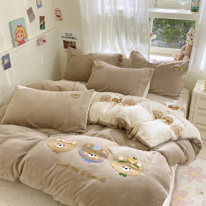 爆款ins风加绒加厚牛奶绒工艺款毛巾绣AB面可用三件套四件套床单