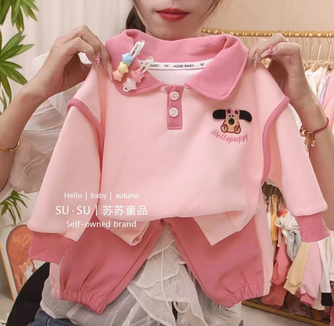 【两件装】2024新款秋季女童卫衣套装刺绣小动物儿童卫衣两件套
